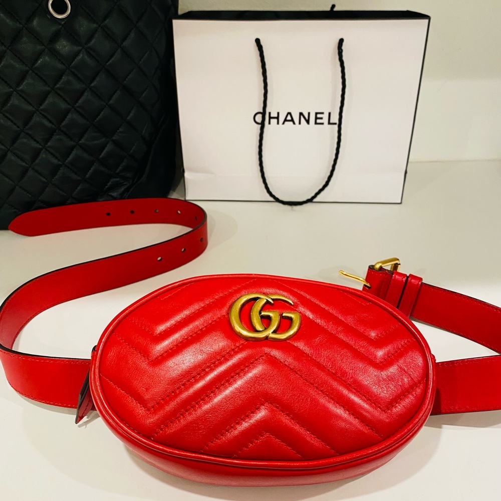 Gucci Marmont Red Leather GG Logo Belt Bag Pouch Pre-Owned